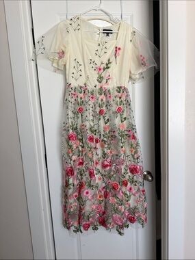 Baltic Born Cream Midi Dress with Pink Floral Embroidery